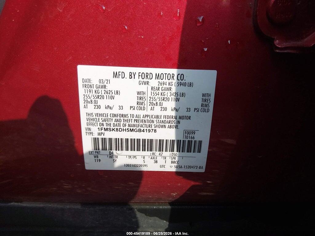 1FMSK8DH5MGB41978 2021 FORD EXPLORER photo no. 9