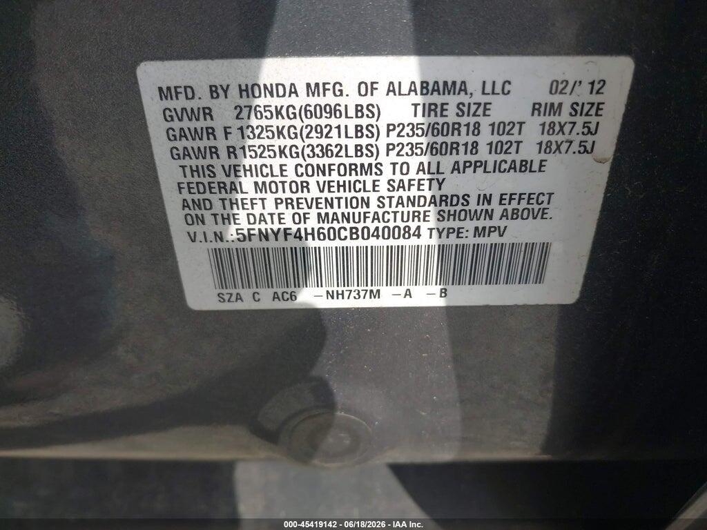 5FNYF4H60CB040084 2012 HONDA PILOT photo no. 9
