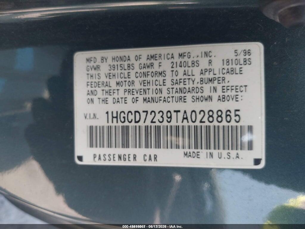 1HGCD7239TA028865 1996 HONDA ACCORD photo no. 9