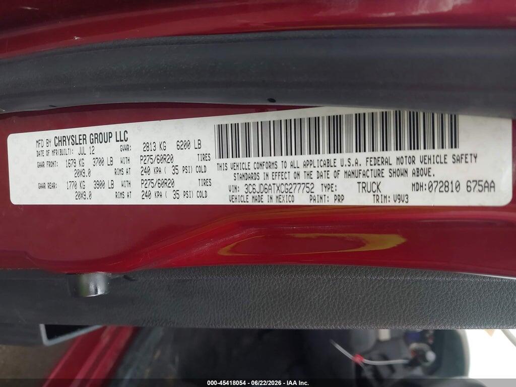 3C6JD6ATXCG277752 2012 RAM 1500 photo no. 9
