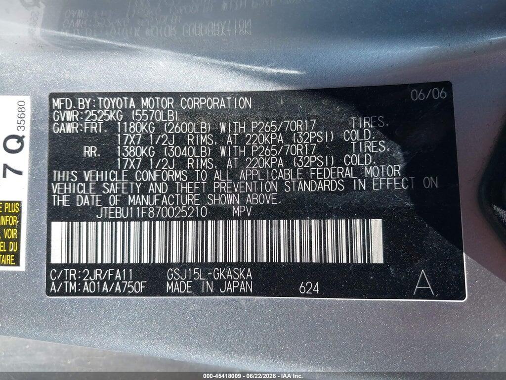 JTEBU11F870025210 2007 TOYOTA FJ CRUISER photo no. 9