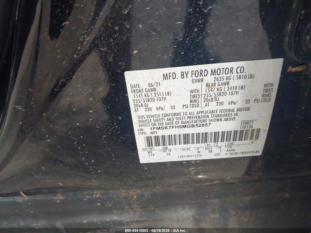 1FMSK7FH5MGB52857 2021 FORD EXPLORER photo no. 9