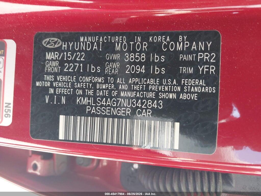 KMHLS4AG7NU342843 2022 HYUNDAI ELANTRA photo no. 9