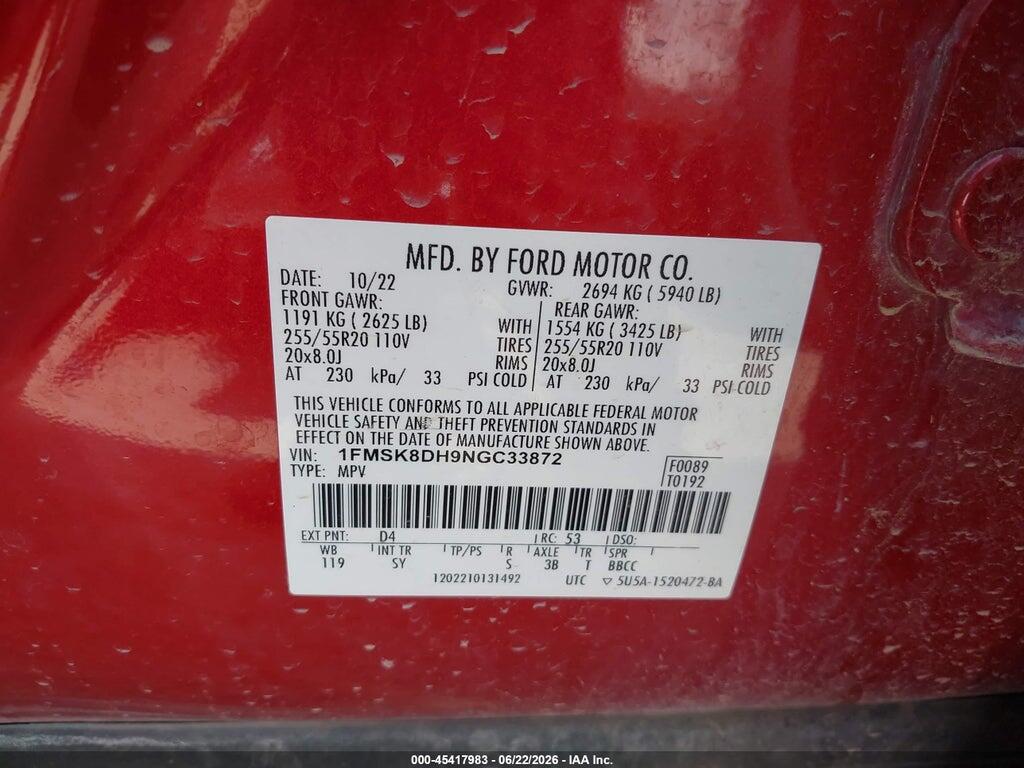 1FMSK8DH9NGC33872 2022 FORD EXPLORER photo no. 9