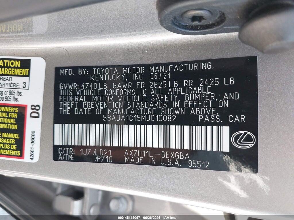 58ADA1C15MU010082 2021 LEXUS ES 300H photo no. 9