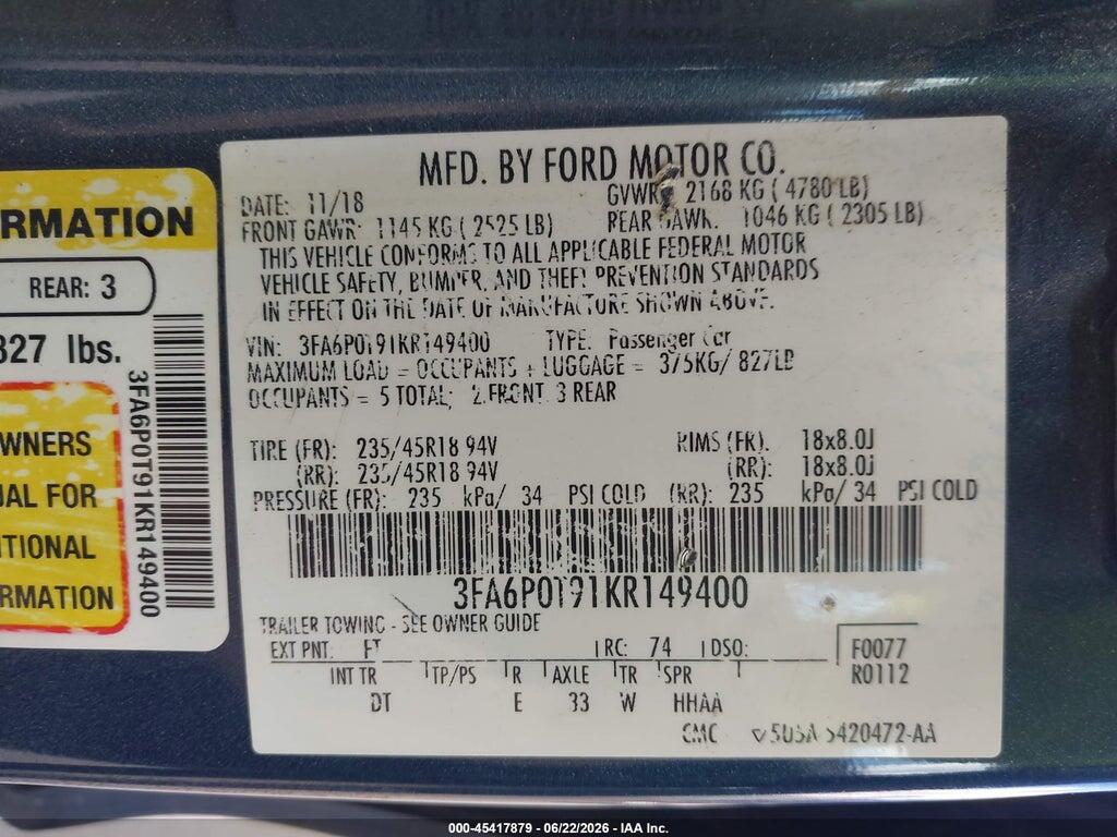 3FA6P0T91KR149400 2019 FORD FUSION photo no. 9
