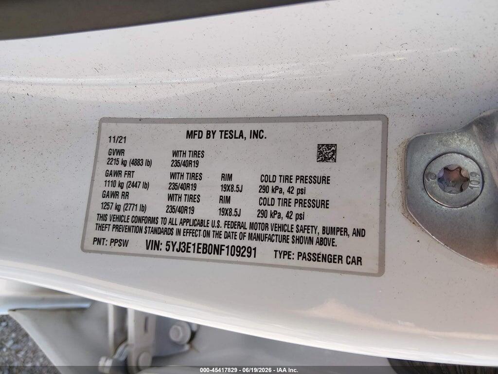 5YJ3E1EB0NF109291 2022 TESLA MODEL 3 photo no. 9