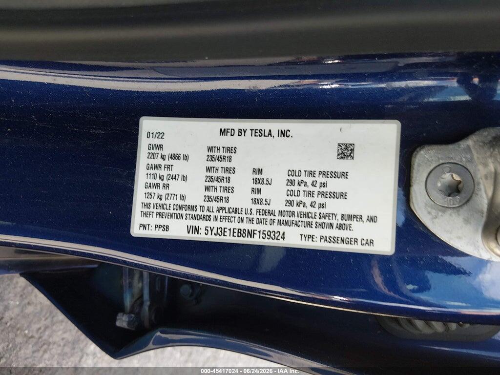 5YJ3E1EB8NF159324 2022 TESLA MODEL 3 photo no. 9