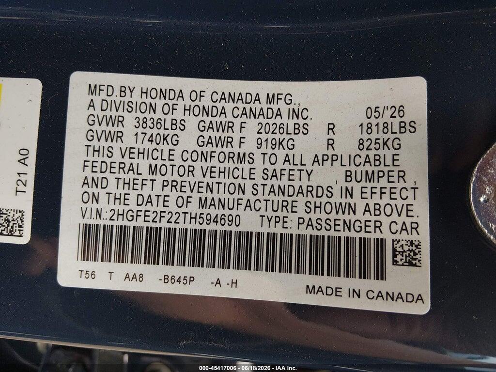 2HGFE2F22TH594690 2026 HONDA CIVIC photo no. 9