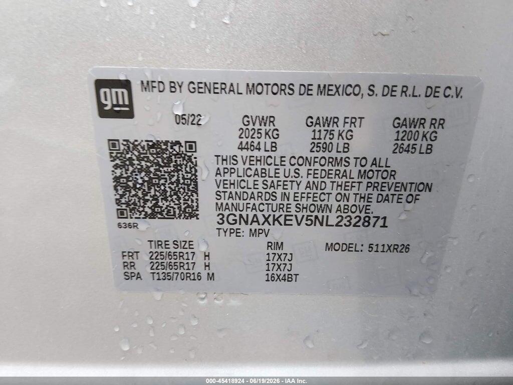 3GNAXKEV5NL232871 2022 CHEVROLET EQUINOX photo no. 9