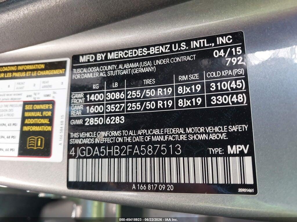 4JGDA5HB2FA587513 2015 MERCEDES-BENZ ML 350 photo no. 9