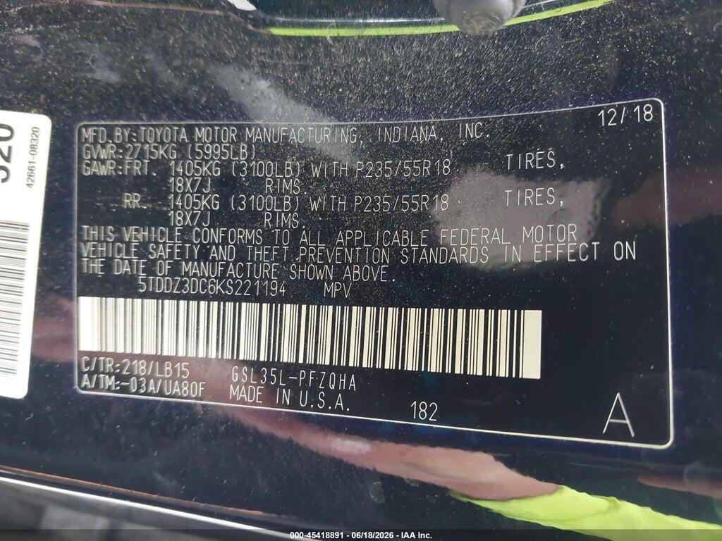 5TDDZ3DC6KS221194 2019 TOYOTA SIENNA photo no. 9
