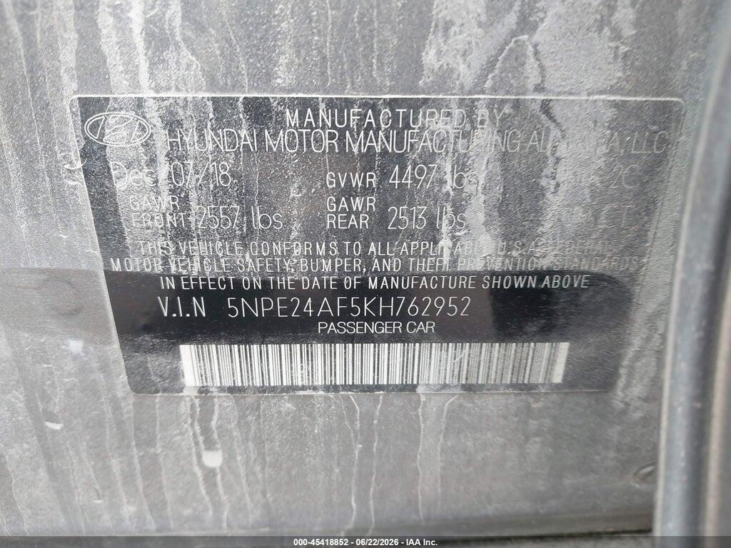5NPE24AF5KH762952 2019 HYUNDAI SONATA photo no. 9