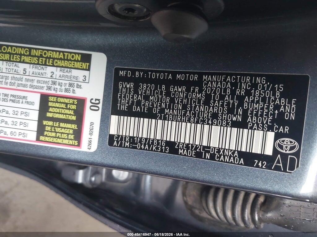 2T1BURHE8FC349083 2015 TOYOTA COROLLA photo no. 9