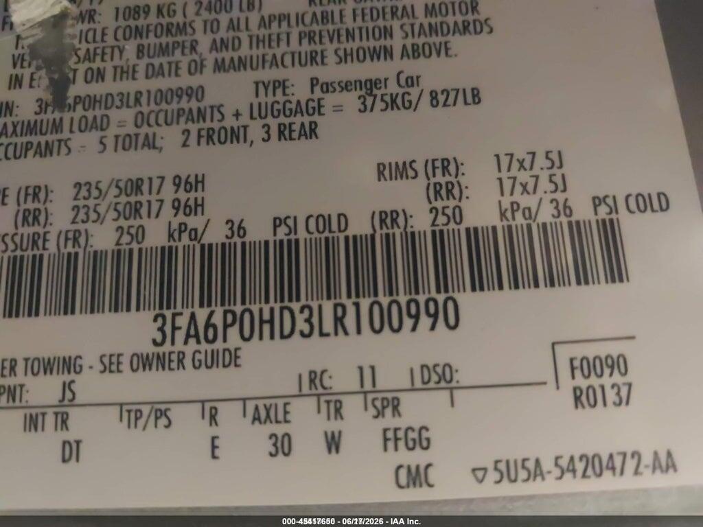 3FA6P0HD3LR100990 2020 FORD FUSION photo no. 9