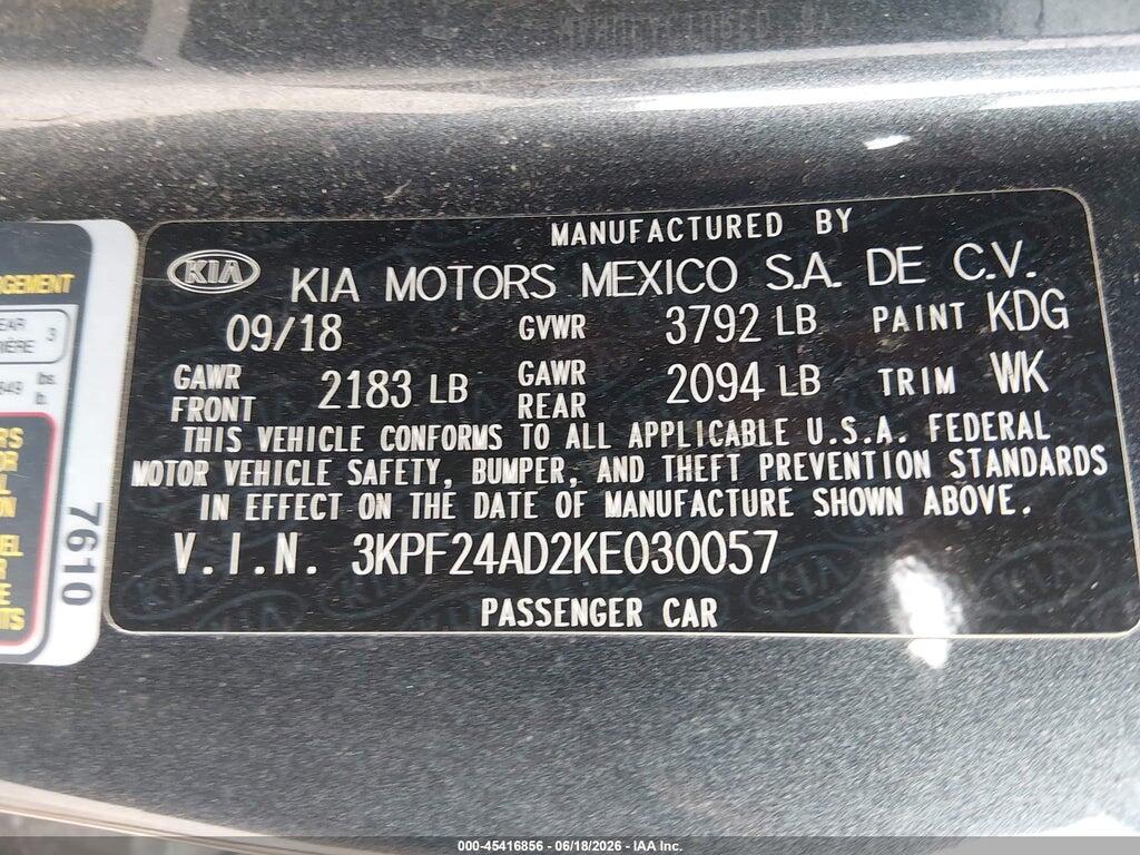 3KPF24AD2KE030057 2019 KIA FORTE photo no. 9
