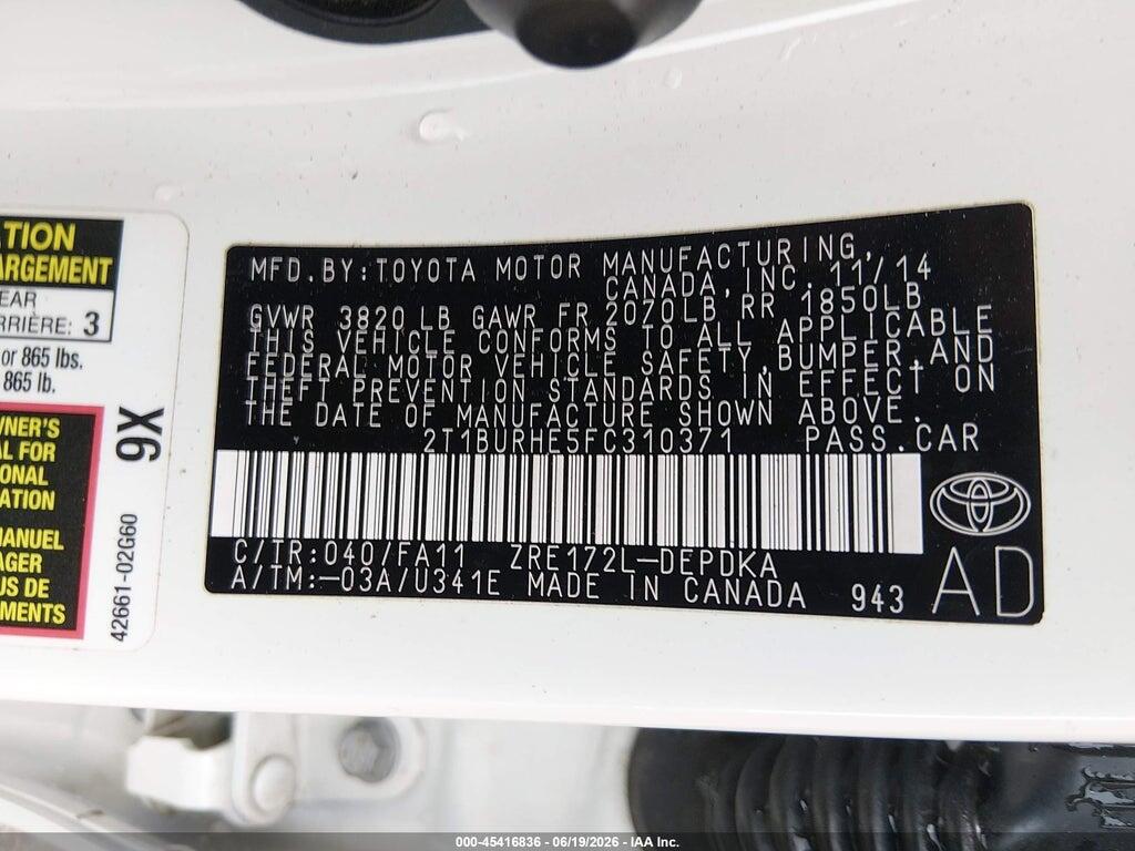 2T1BURHE5FC310371 2015 TOYOTA COROLLA photo no. 9