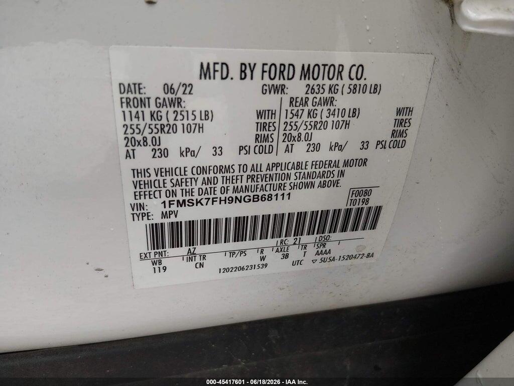 1FMSK7FH9NGB68111 2022 FORD EXPLORER photo no. 9