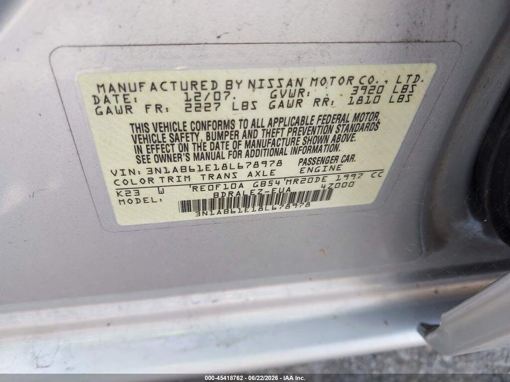 3N1AB61E18L678978 2008 NISSAN SENTRA photo no. 9