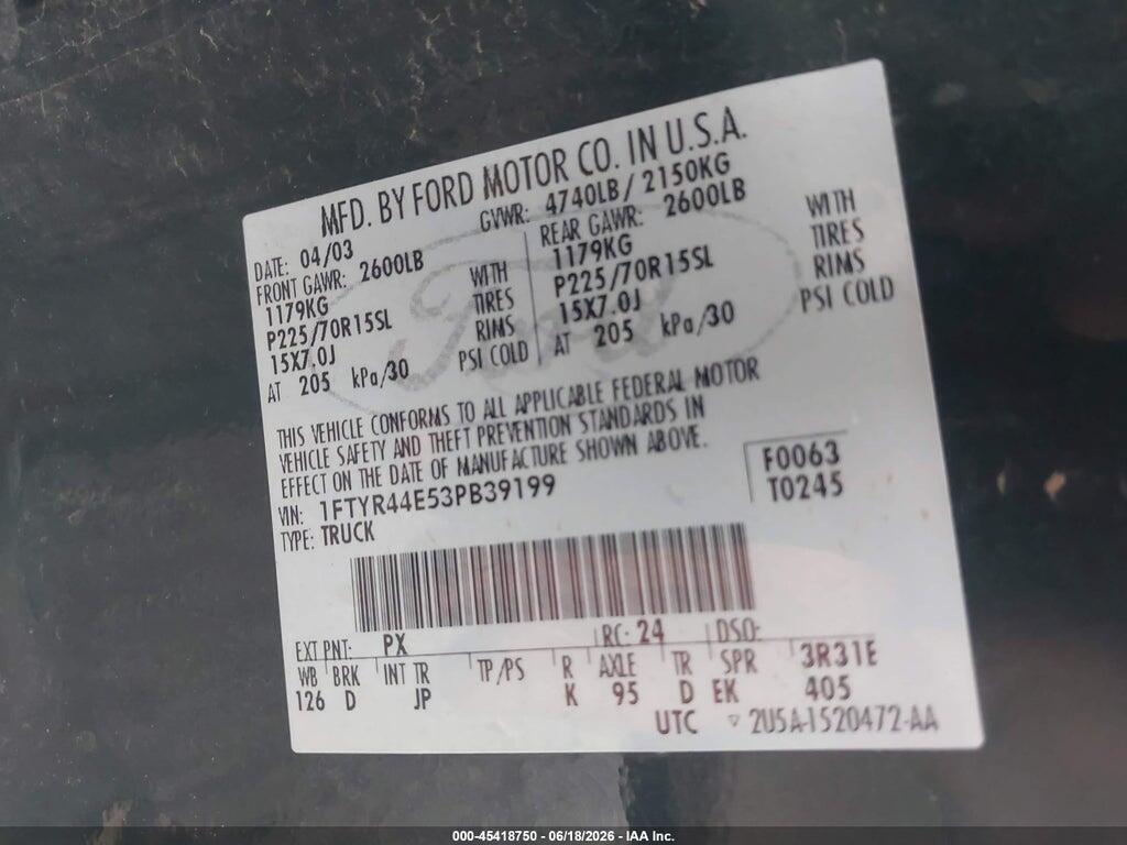 1FTYR44E53PB39199 2003 FORD RANGER photo no. 9