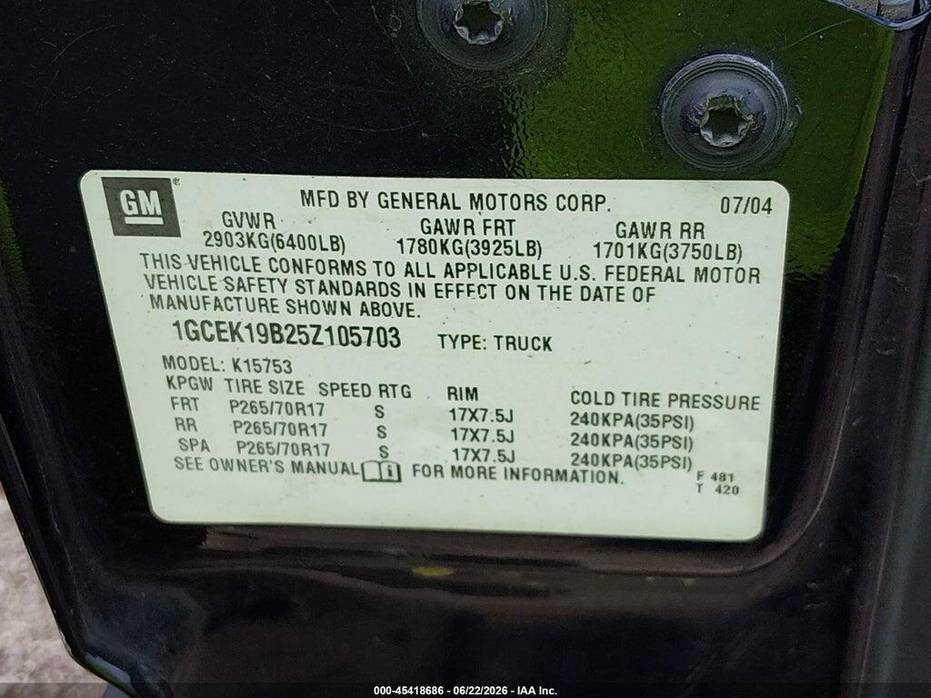 1GCEK19B25Z105703 2005 CHEVROLET SILVERADO 1500 photo no. 9