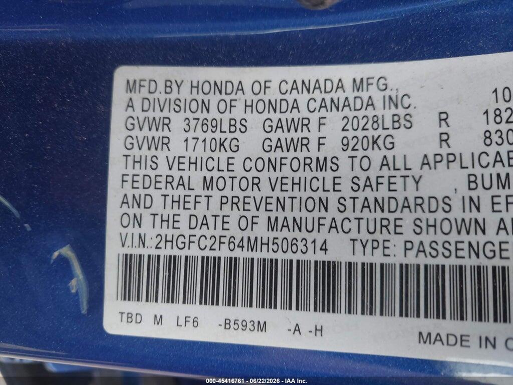 2HGFC2F64MH506314 2021 HONDA CIVIC photo no. 9