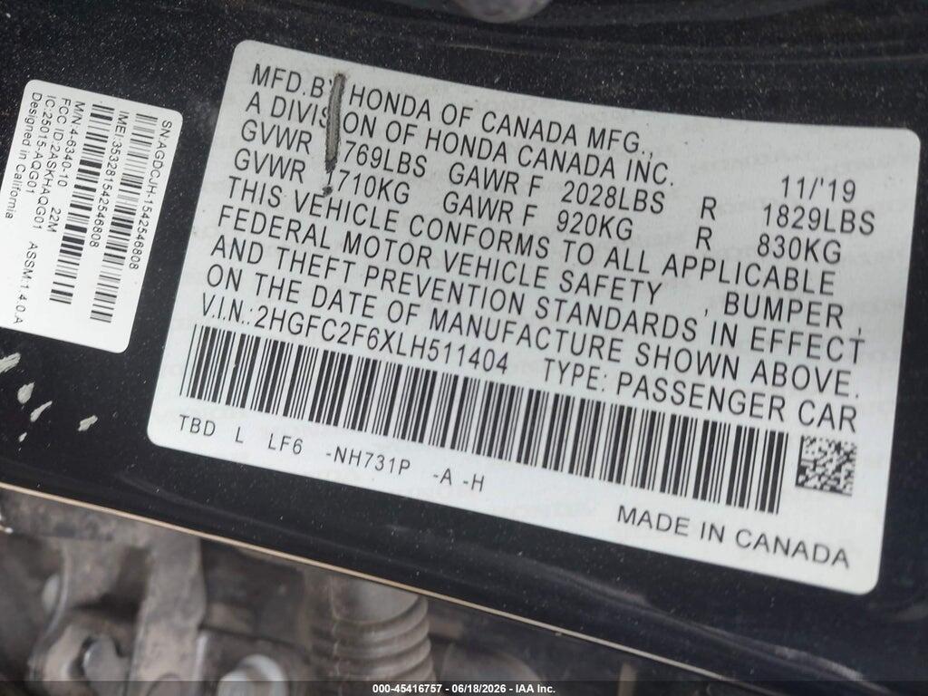 2HGFC2F6XLH511404 2020 HONDA CIVIC photo no. 9