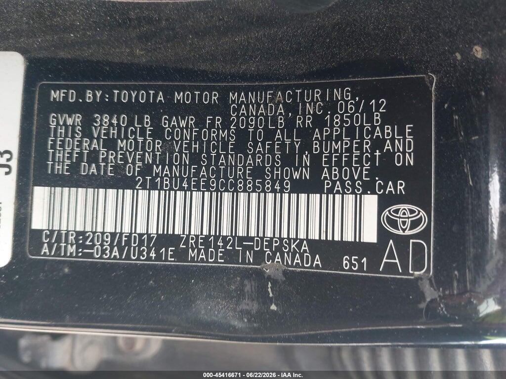 2T1BU4EE9CC885849 2012 TOYOTA COROLLA photo no. 9