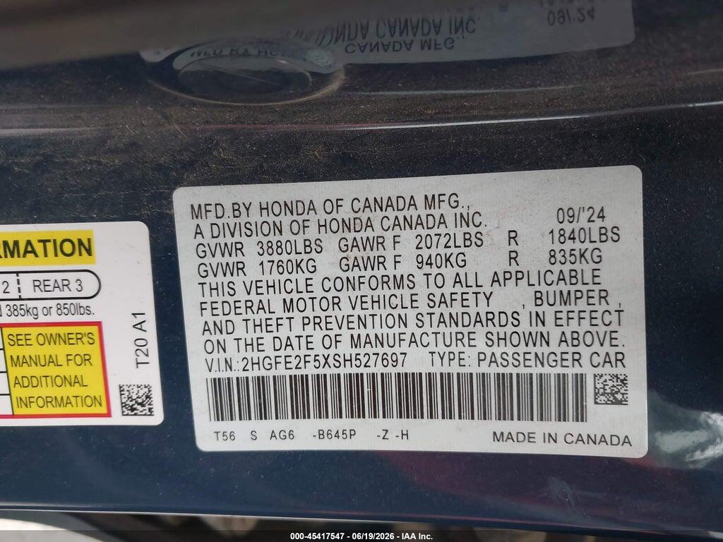 2HGFE2F5XSH527697 2025 HONDA CIVIC photo no. 9