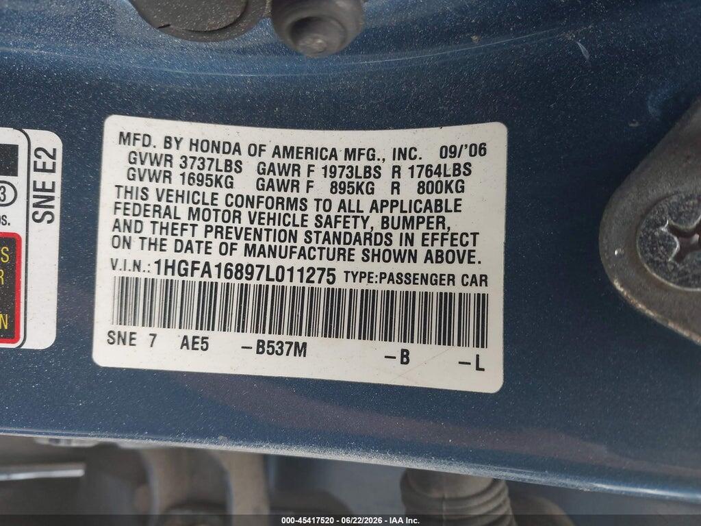 1HGFA16897L011275 2007 HONDA CIVIC photo no. 9