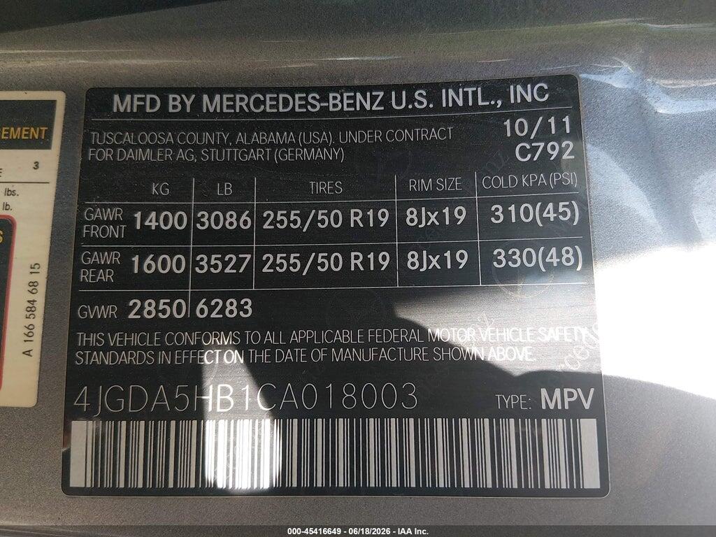 4JGDA5HB1CA018003 2012 MERCEDES-BENZ ML 350 photo no. 9