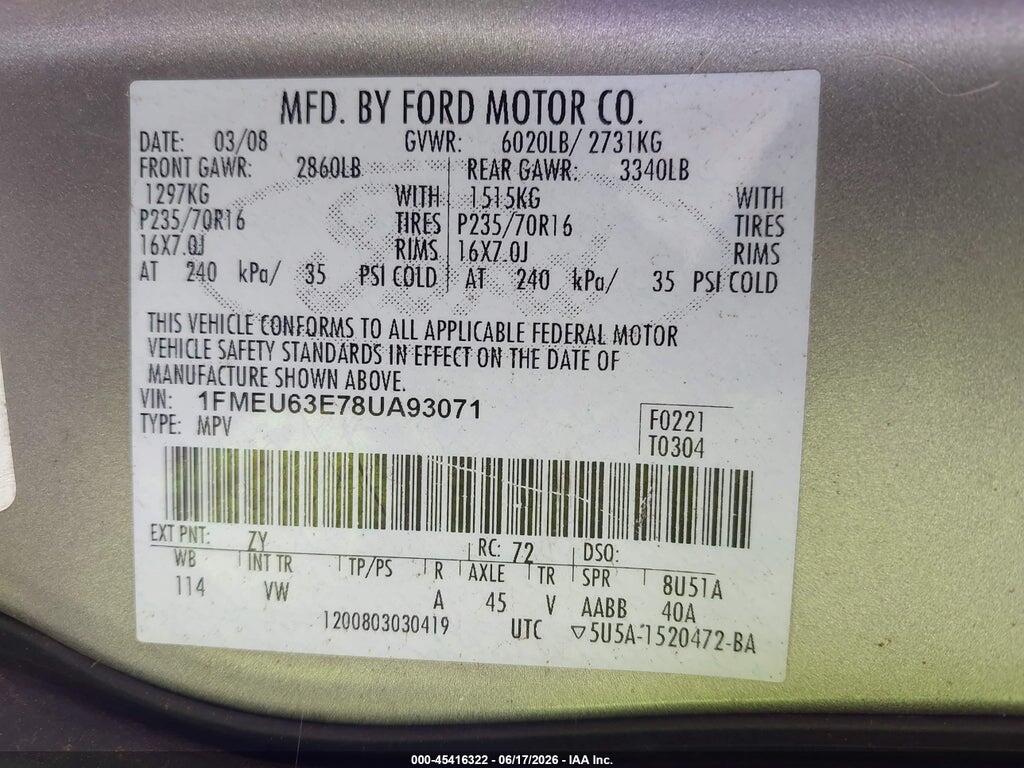 1FMEU63E78UA93071 2008 FORD EXPLORER photo no. 9