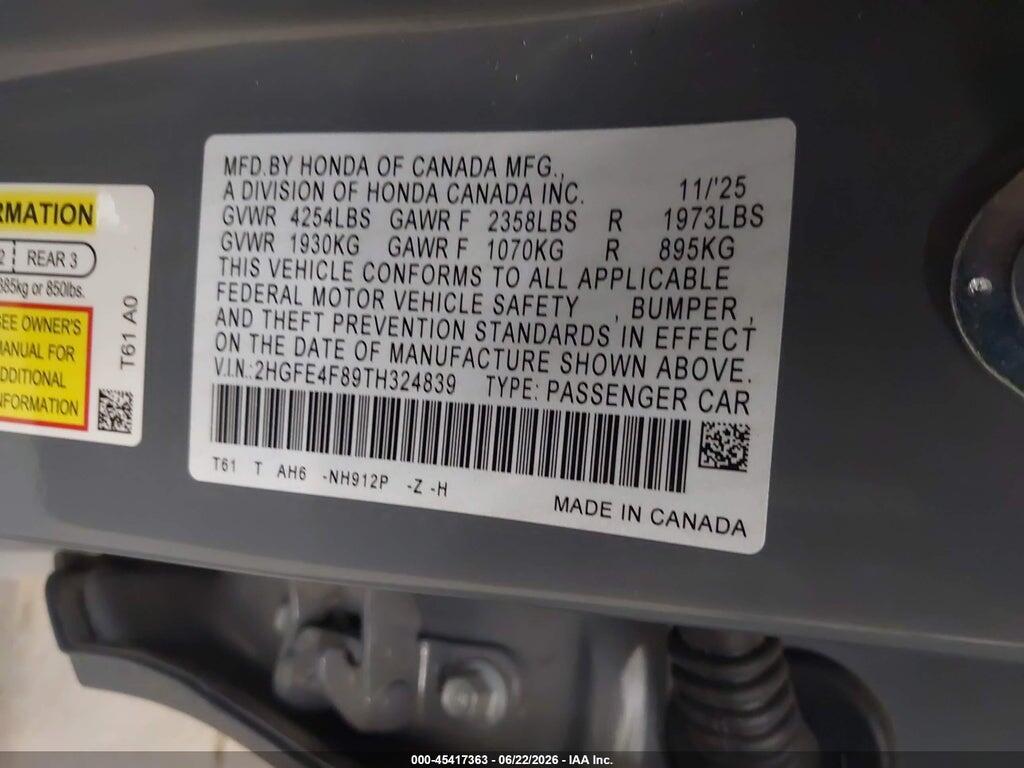 2HGFE4F89TH324839 2026 HONDA CIVIC HYBRID photo no. 9
