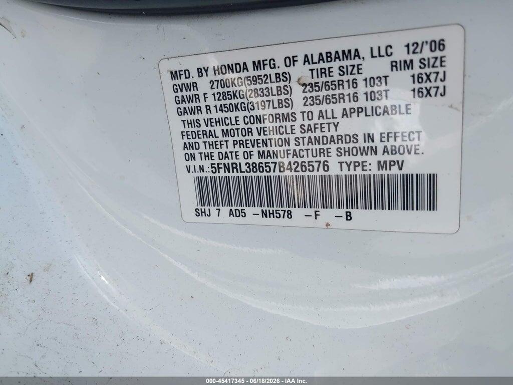 5FNRL38657B426576 2007 HONDA ODYSSEY photo no. 9