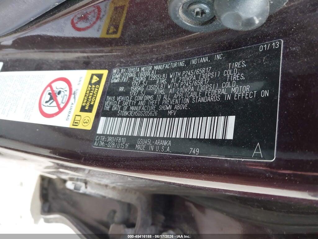 5TDBK3EH5DS205626 2013 TOYOTA HIGHLANDER photo no. 9