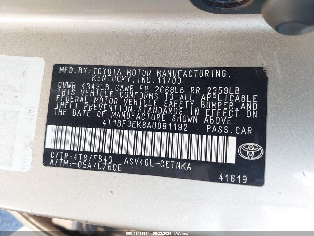 4T1BF3EK8AU081192 2010 TOYOTA CAMRY photo no. 9