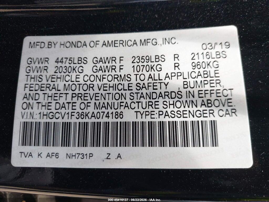1HGCV1F36KA074186 2019 HONDA ACCORD photo no. 9