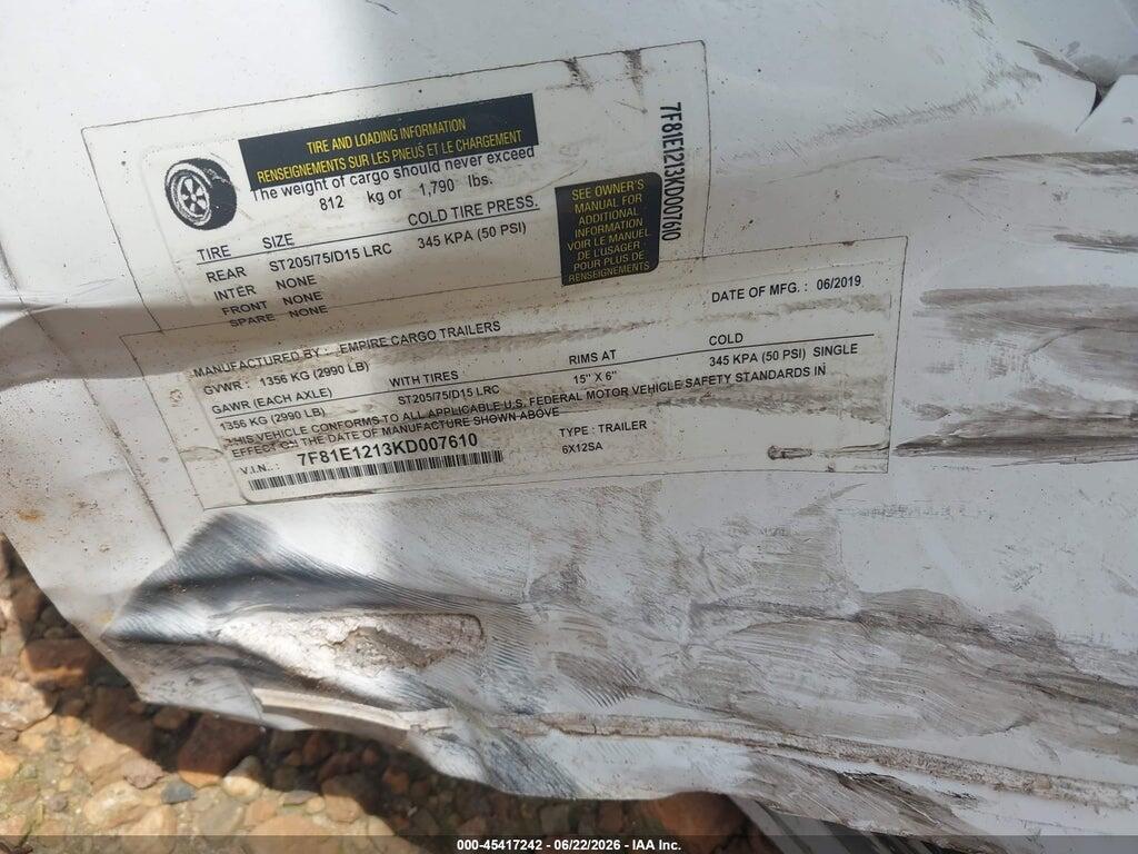 7F81E1213KD007610 2019 EMPIRE 6X12 ENCLOSED UTILITY TRA photo no. 9