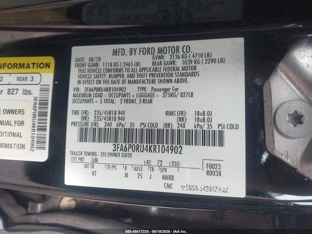 3FA6P0RU4KR104902 2019 FORD FUSION HYBRID photo no. 9