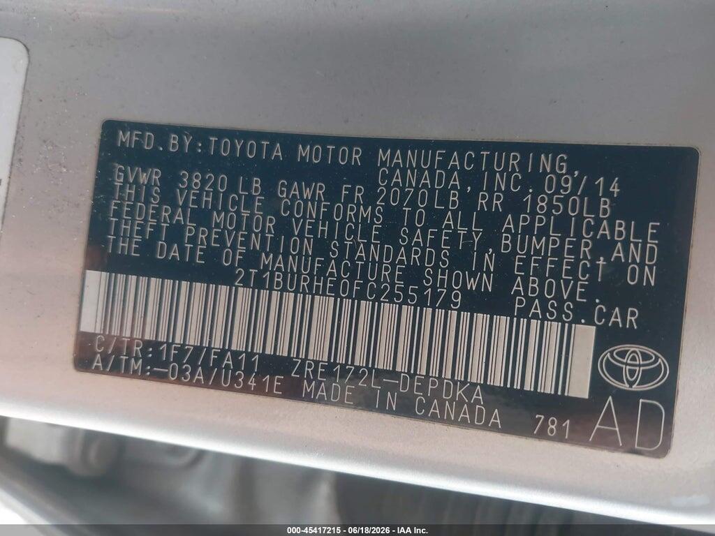 2T1BURHE0FC255179 2015 TOYOTA COROLLA photo no. 9