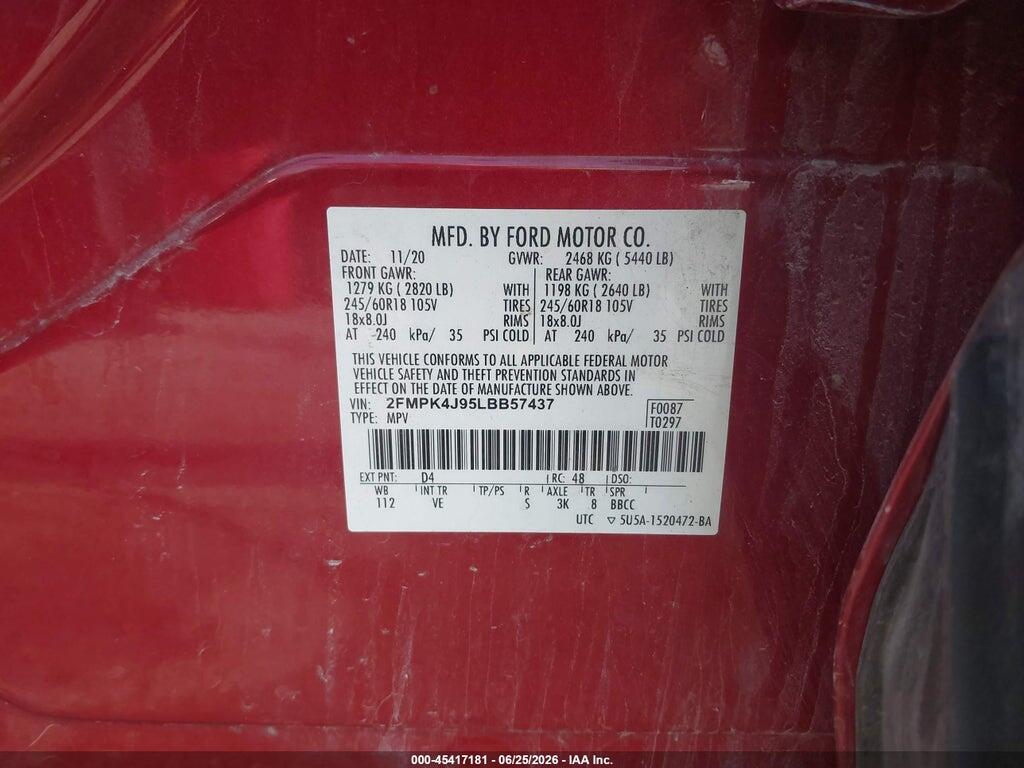2FMPK4J95LBB57437 2020 FORD EDGE photo no. 9