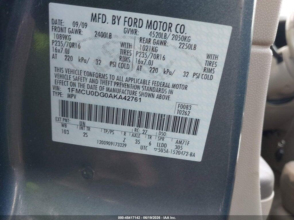 1FMCU0DG0AKA42761 2010 FORD ESCAPE photo no. 9