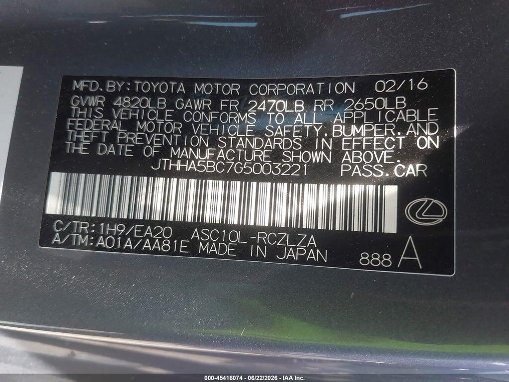 JTHHA5BC7G5003221 2016 LEXUS RC 200T photo no. 9