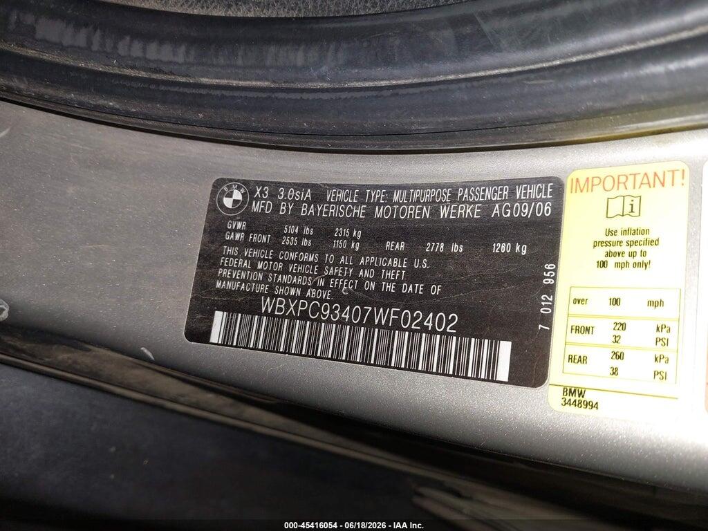 WBXPC93407WF02402 2007 BMW X3 photo no. 9