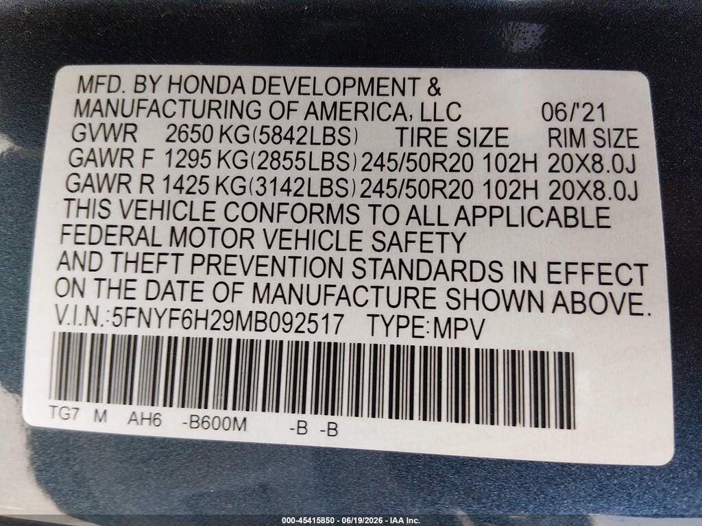 5FNYF6H29MB092517 2021 HONDA PILOT photo no. 9