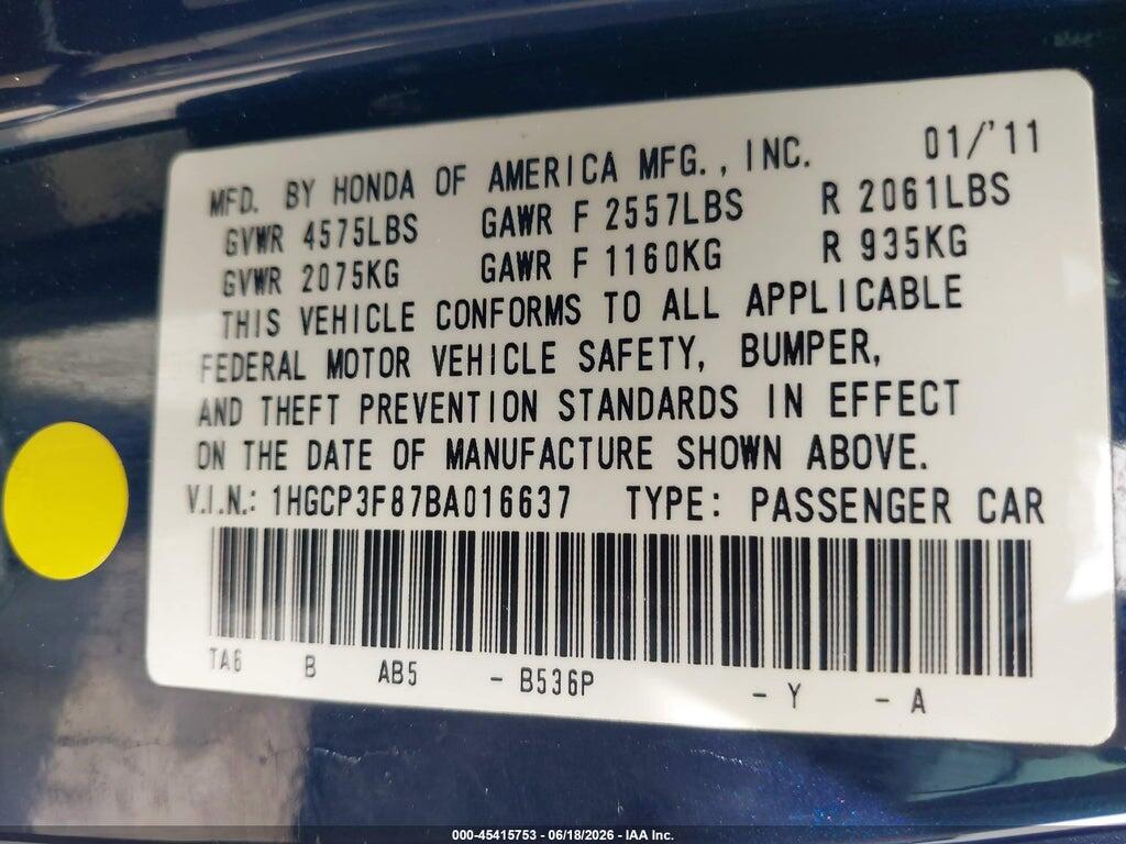 1HGCP3F87BA016637 2011 HONDA ACCORD photo no. 9