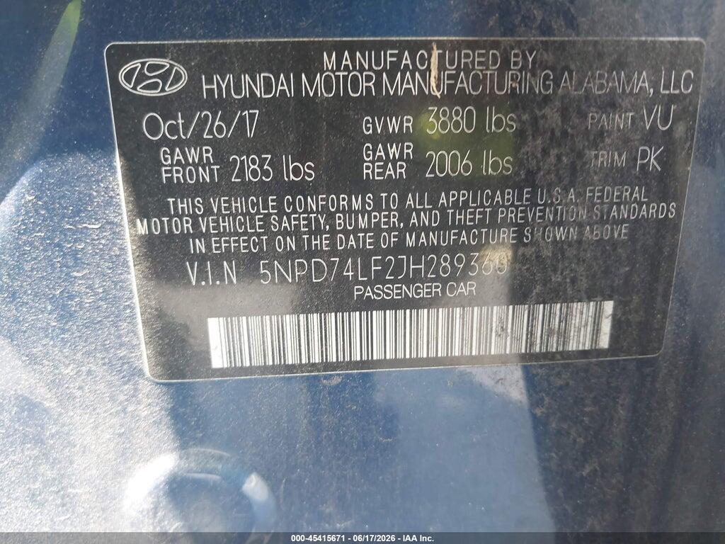 5NPD74LF2JH289360 2018 HYUNDAI ELANTRA photo no. 9