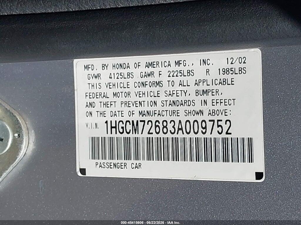 1HGCM72683A009752 2003 HONDA ACCORD photo no. 9