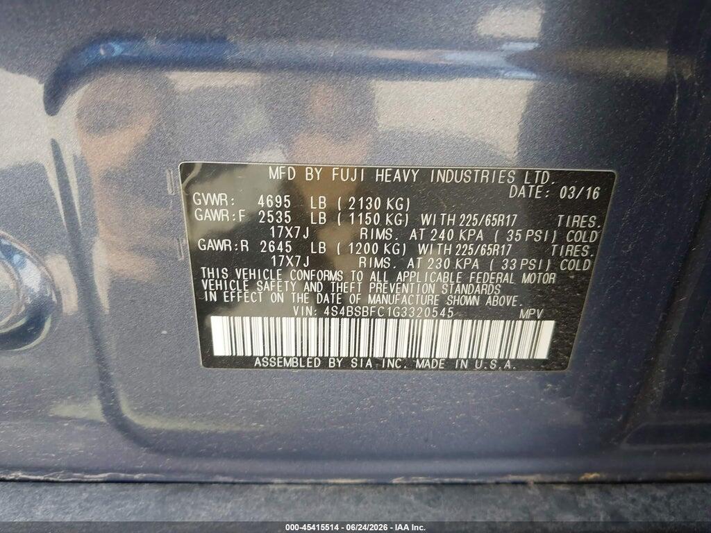 4S4BSBFC1G3320545 2016 SUBARU OUTBACK photo no. 9