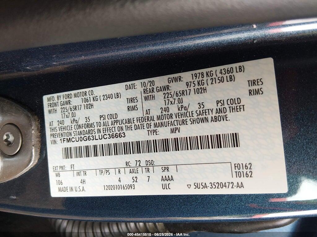 1FMCU0G63LUC36663 2020 FORD ESCAPE photo no. 9